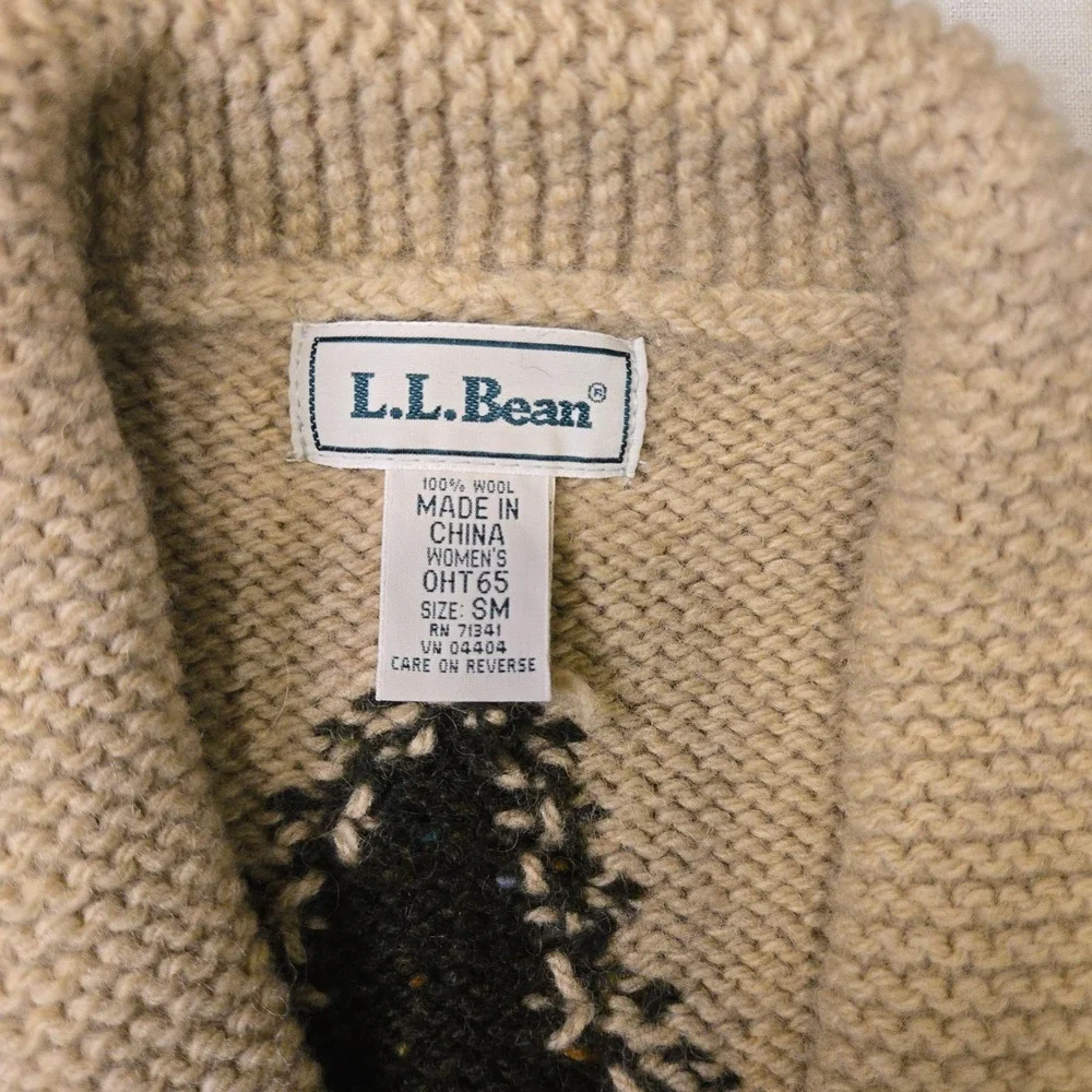 VTG L.L. Bean Reindeer Wool Cardigan Sweater Tan Women Small Shawl Collar Pocket
